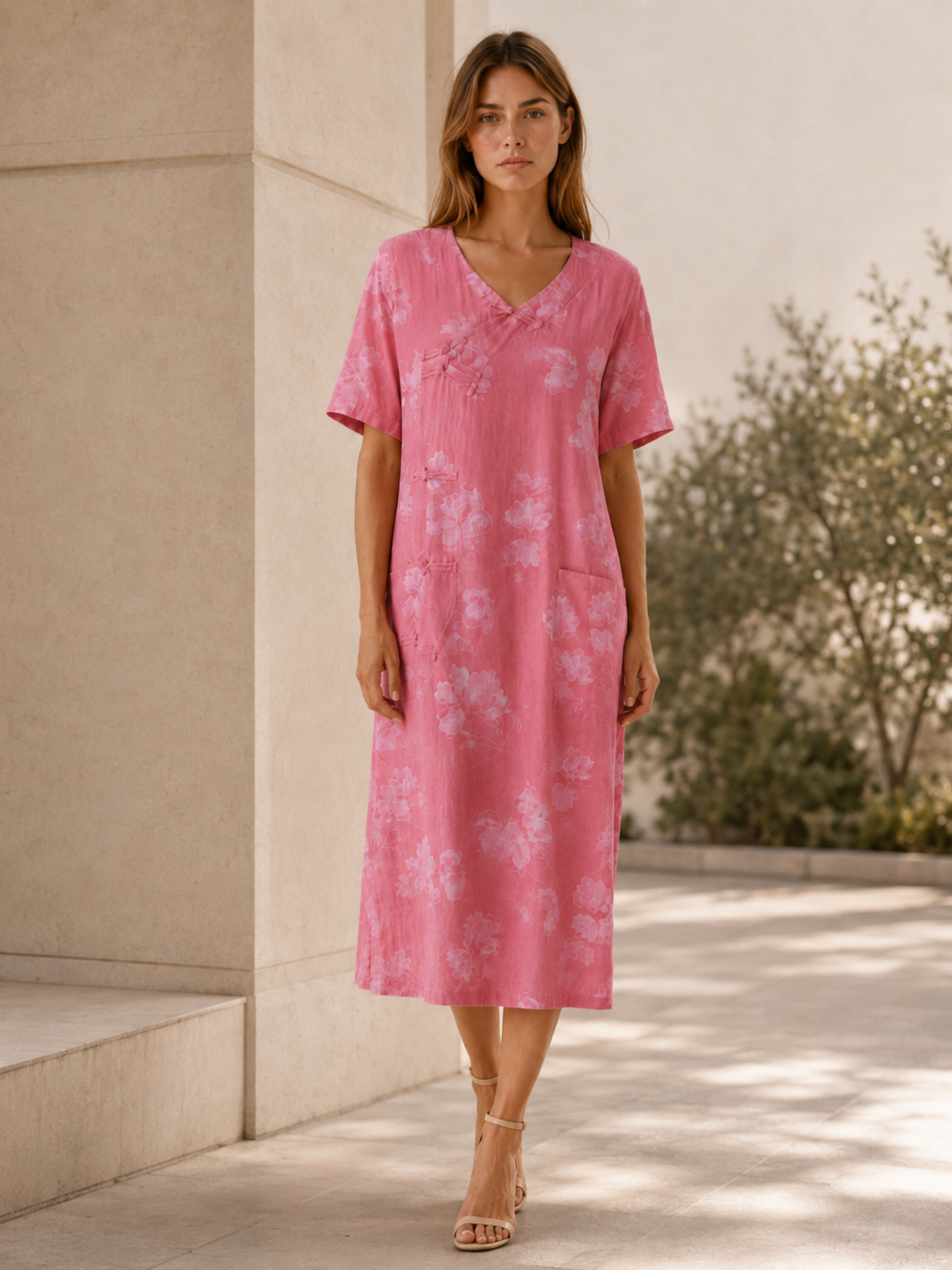 Isla | Linen Blend Top with Print Button Detail
