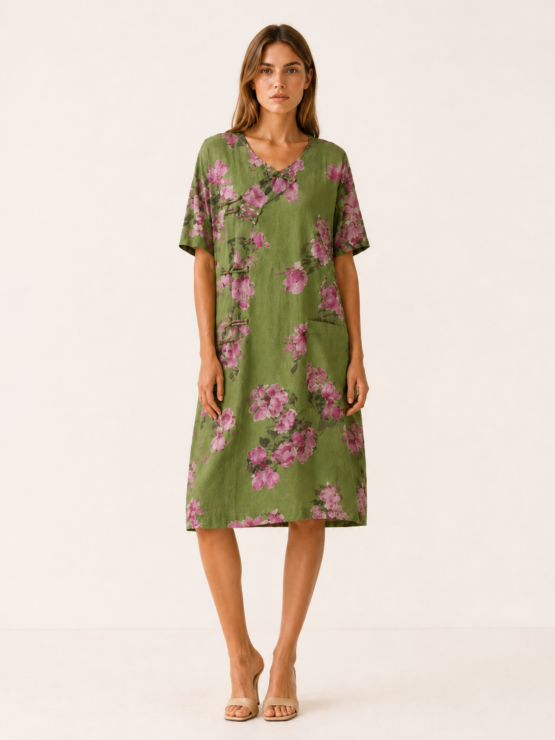 Isla | Linen Blend Top with Print Button Detail
