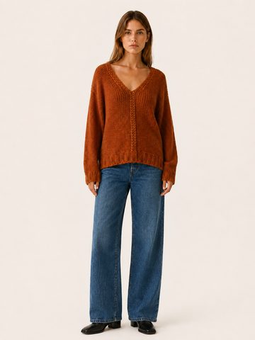 Istrielle | V Neck Sweater with Raised Braid Detail