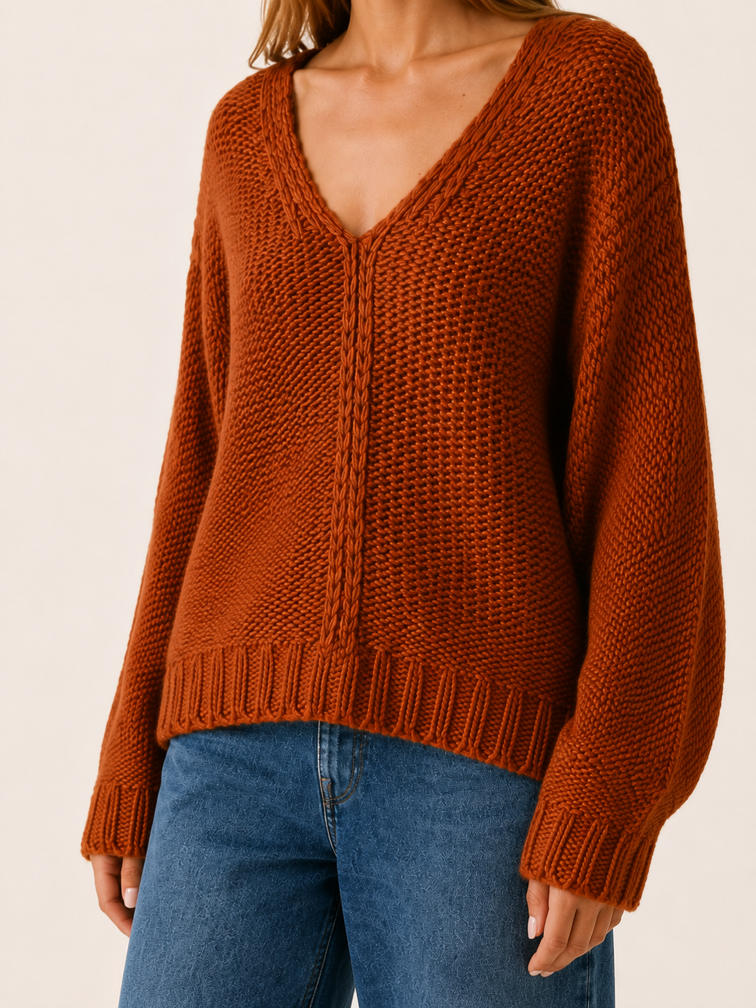 Istrielle | V Neck Sweater with Raised Braid Detail