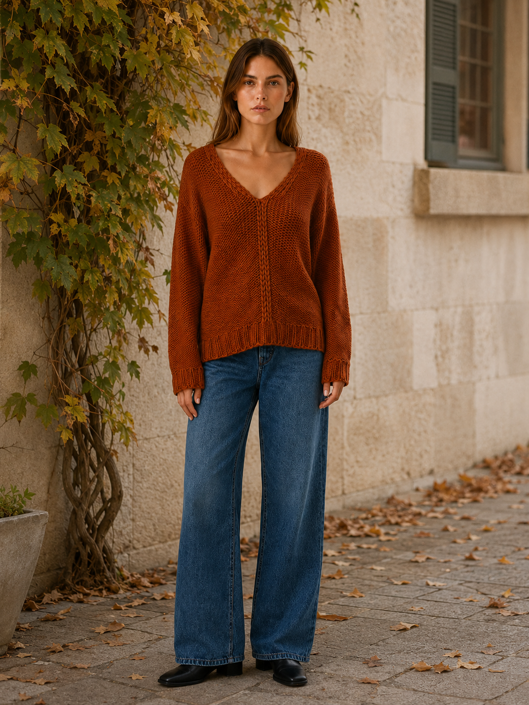 Istrielle | V Neck Sweater with Raised Braid Detail