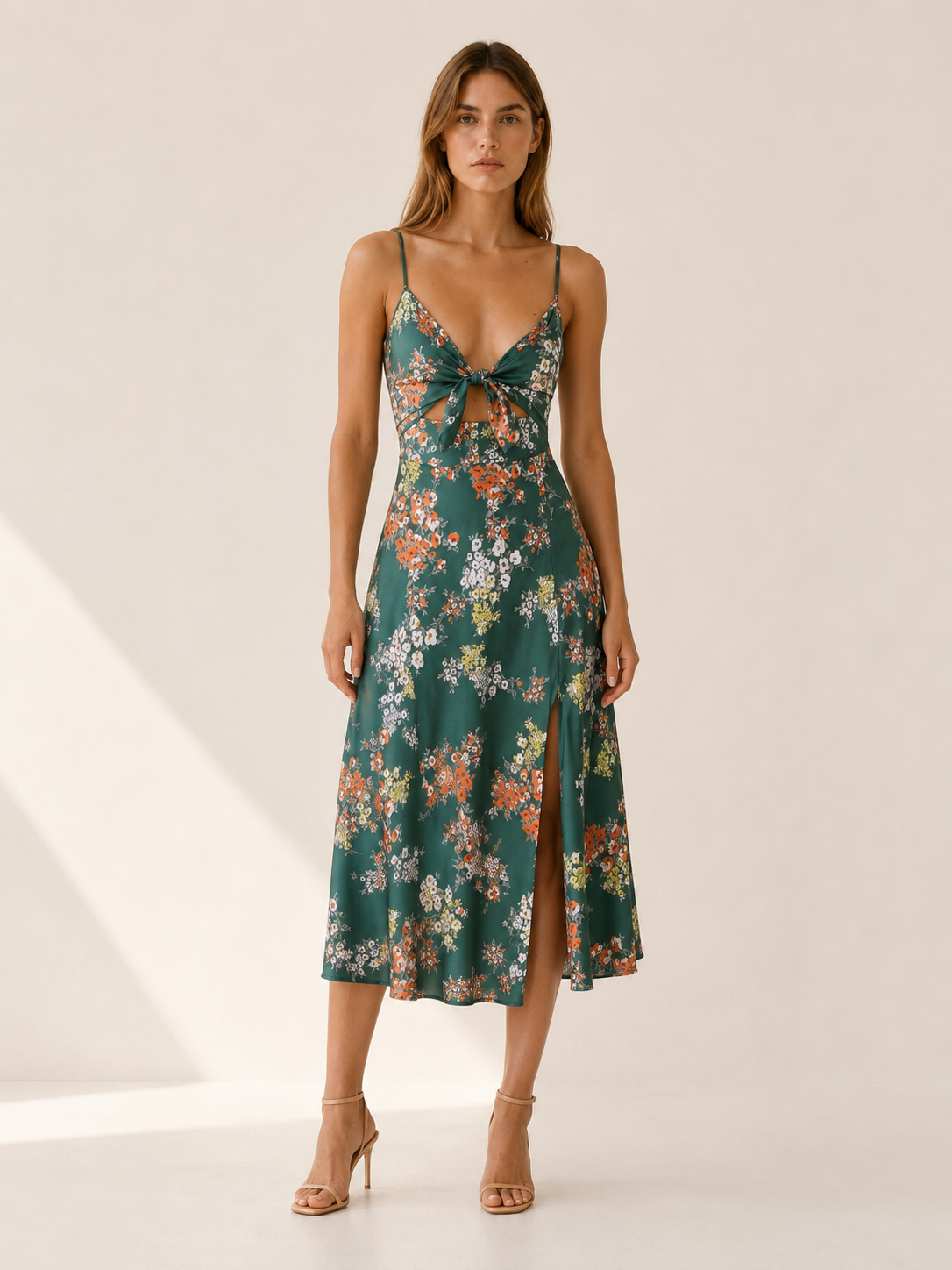 Jacinta | Floral Midi Dress with Front Tie Detail