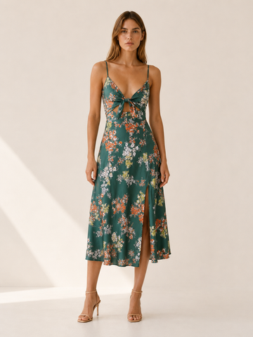 Jacinta | Floral Midi Dress with Front Tie Detail