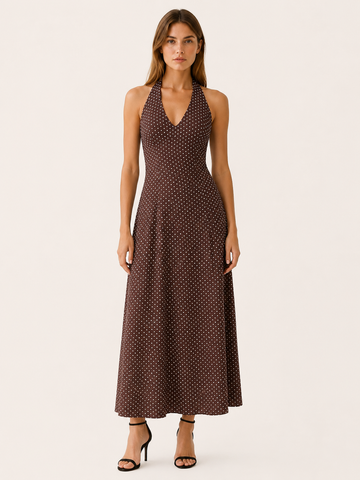 Juno | Polka Dot Maxi Dress with Halter Neck Smocked Bodice