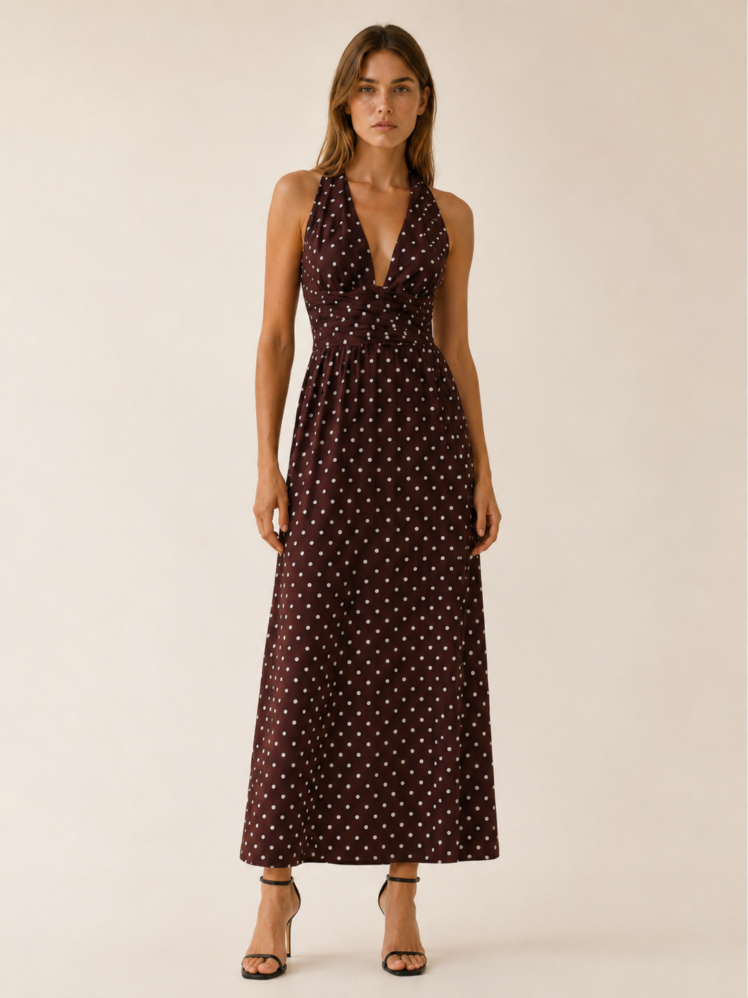 Juno | Polka Dot Maxi Dress with Halter Neck Smocked Bodice