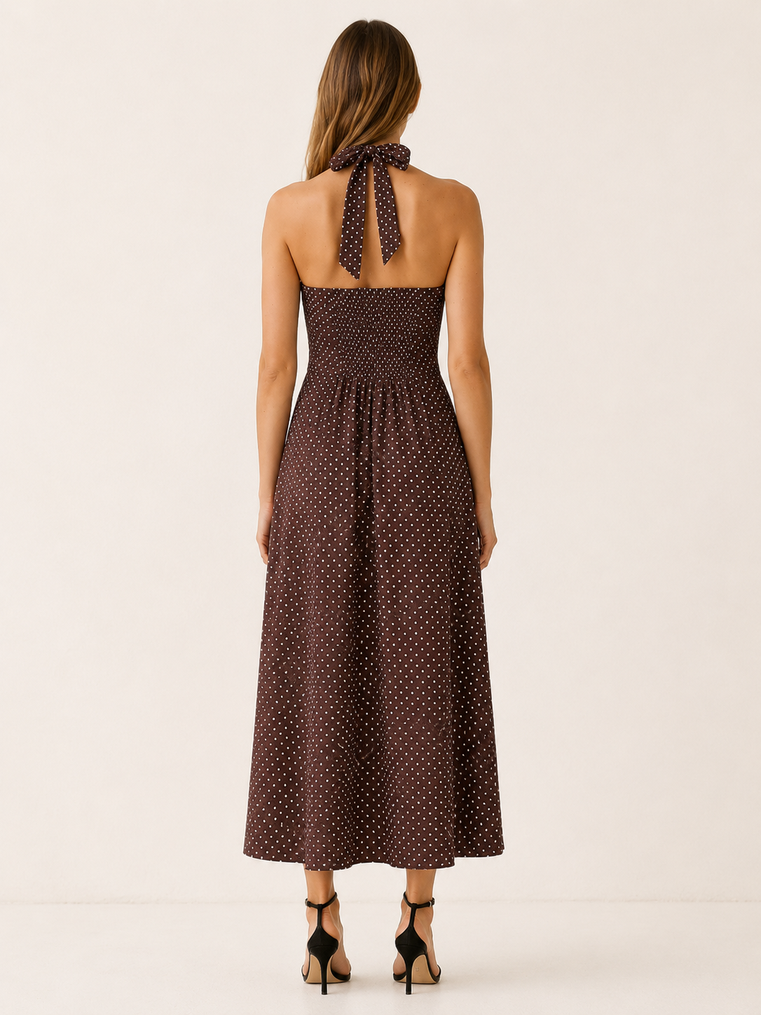 Juno | Polka Dot Maxi Dress with Halter Neck Smocked Bodice
