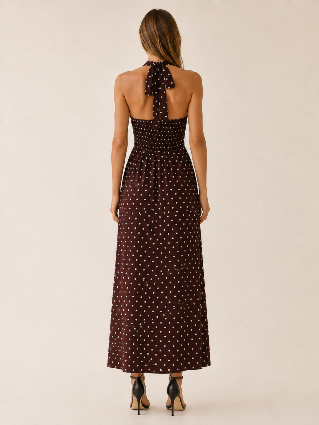 Juno | Polka Dot Maxi Dress with Halter Neck Smocked Bodice