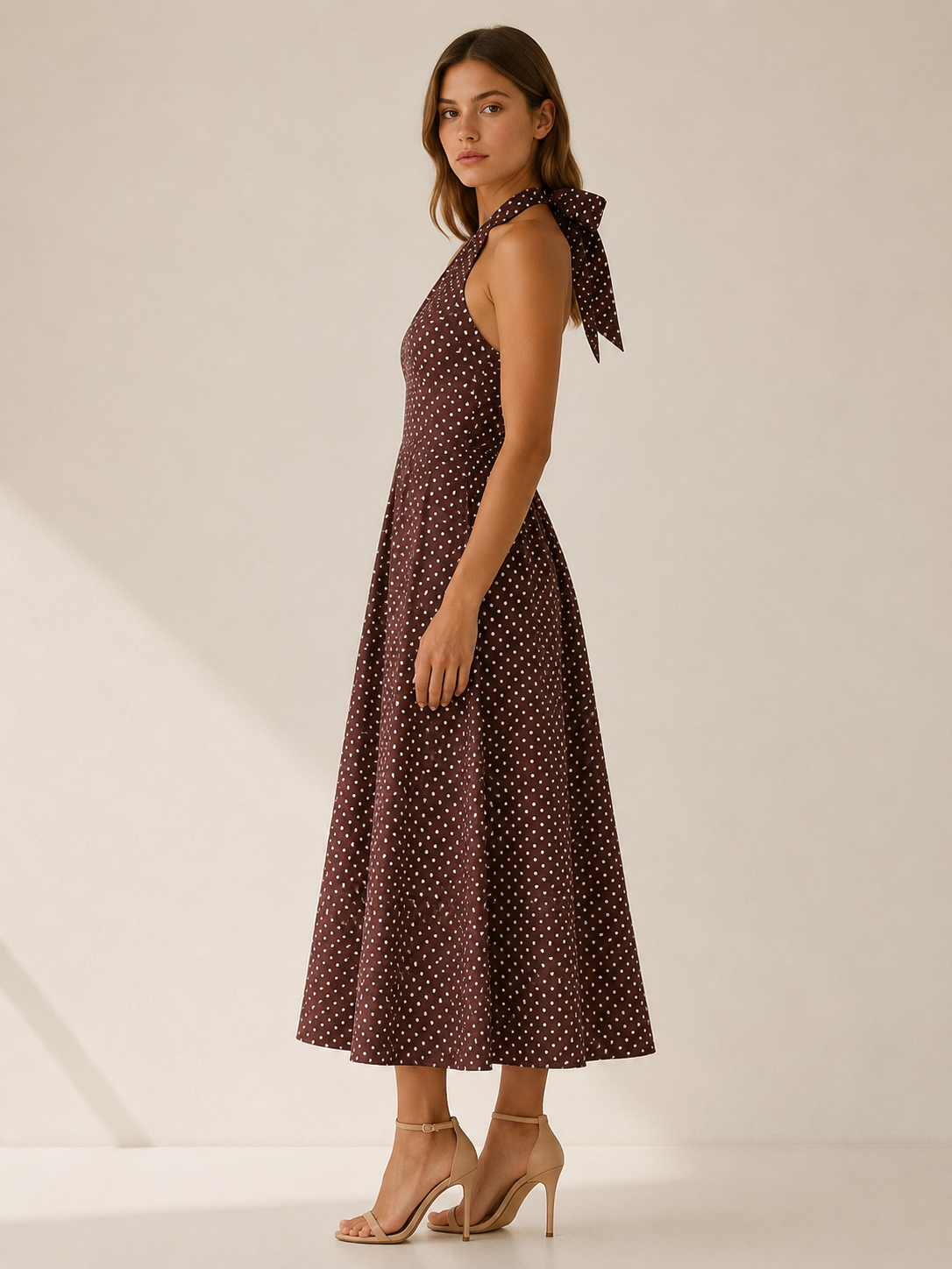 Juno | Polka Dot Maxi Dress with Halter Neck Smocked Bodice