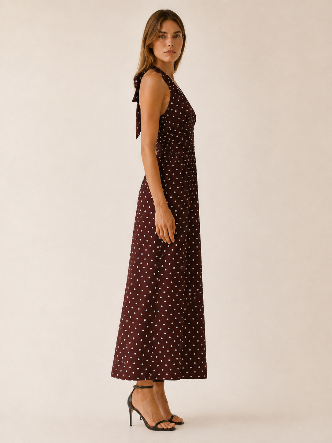 Juno | Polka Dot Maxi Dress with Halter Neck Smocked Bodice