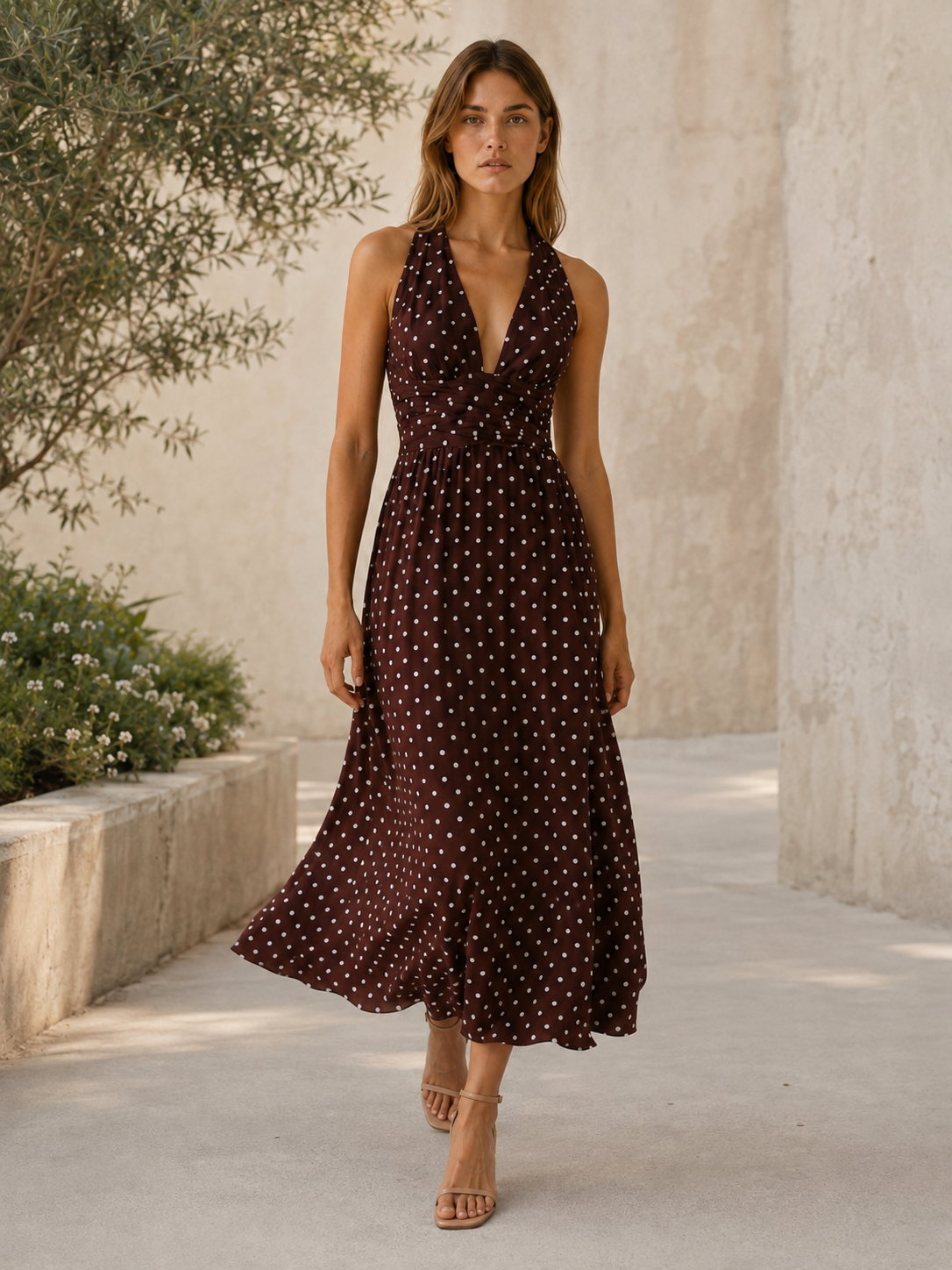 Juno | Polka Dot Maxi Dress with Halter Neck Smocked Bodice