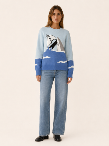 Kesmira | Crew Neck Sweater with Shark and Sailboat Motif