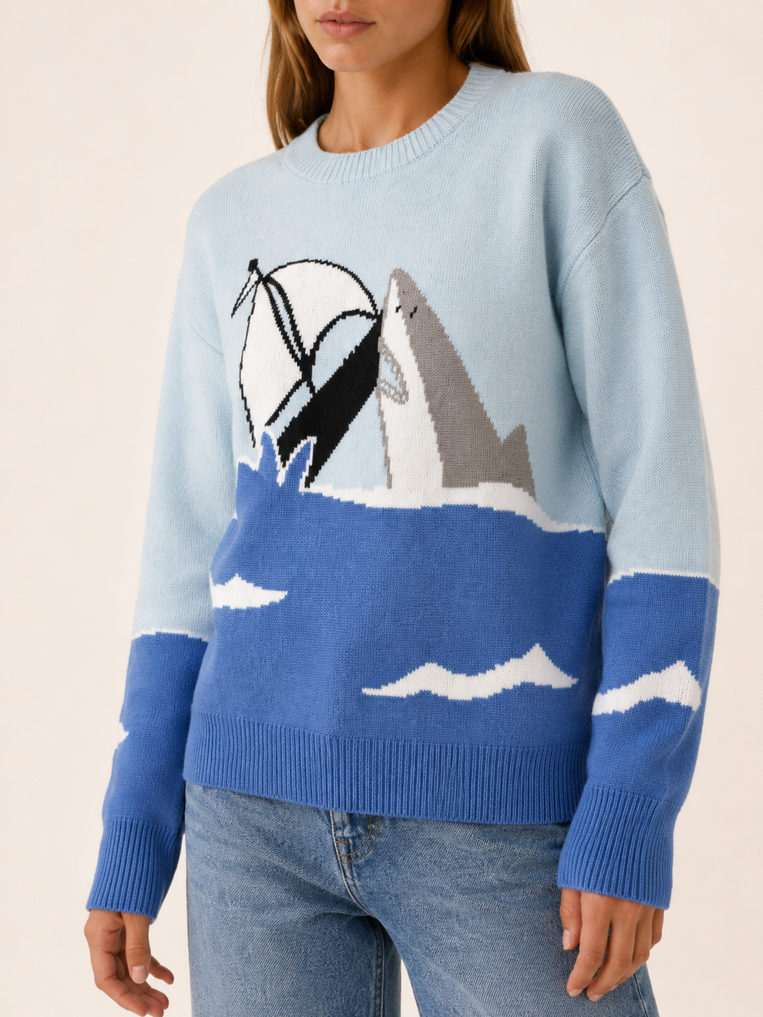 Kesmira | Crew Neck Sweater with Shark and Sailboat Motif