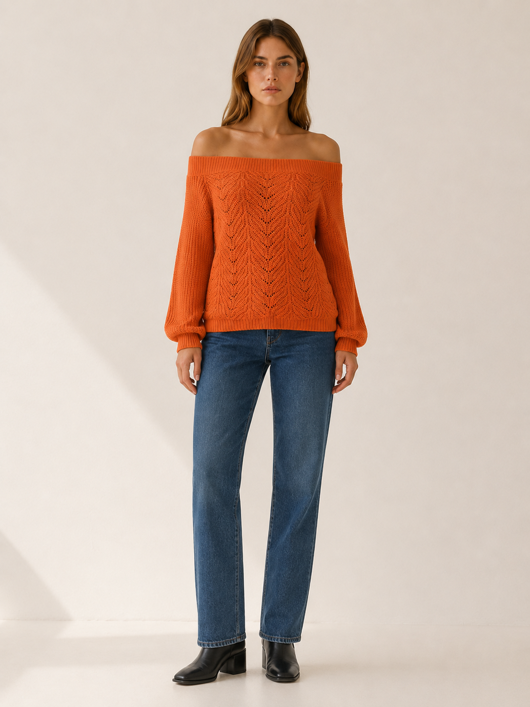 Kessavie | Off Shoulder Knit Top with Openwork Detail