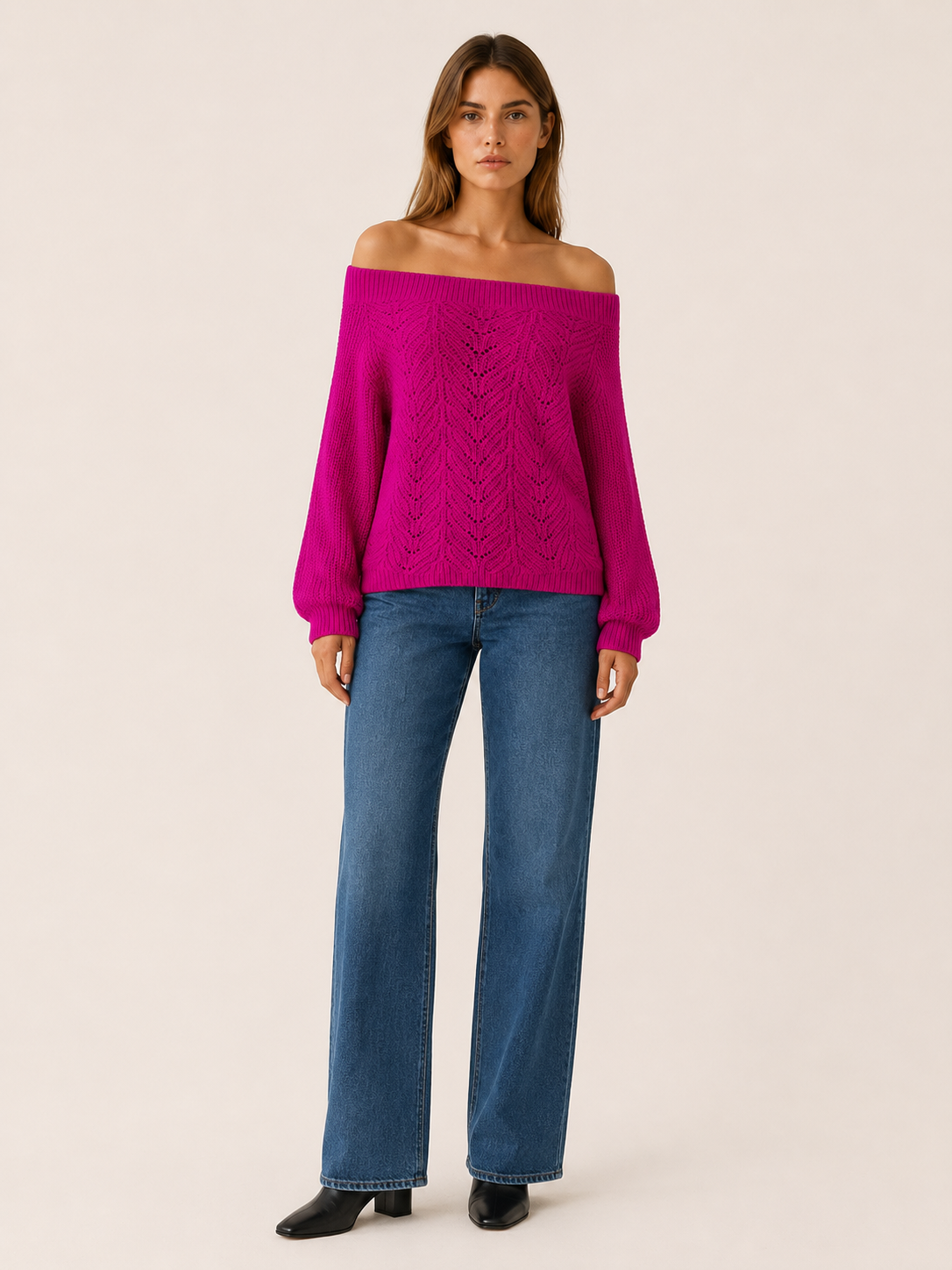 Kessavie | Off Shoulder Knit Top with Openwork Detail