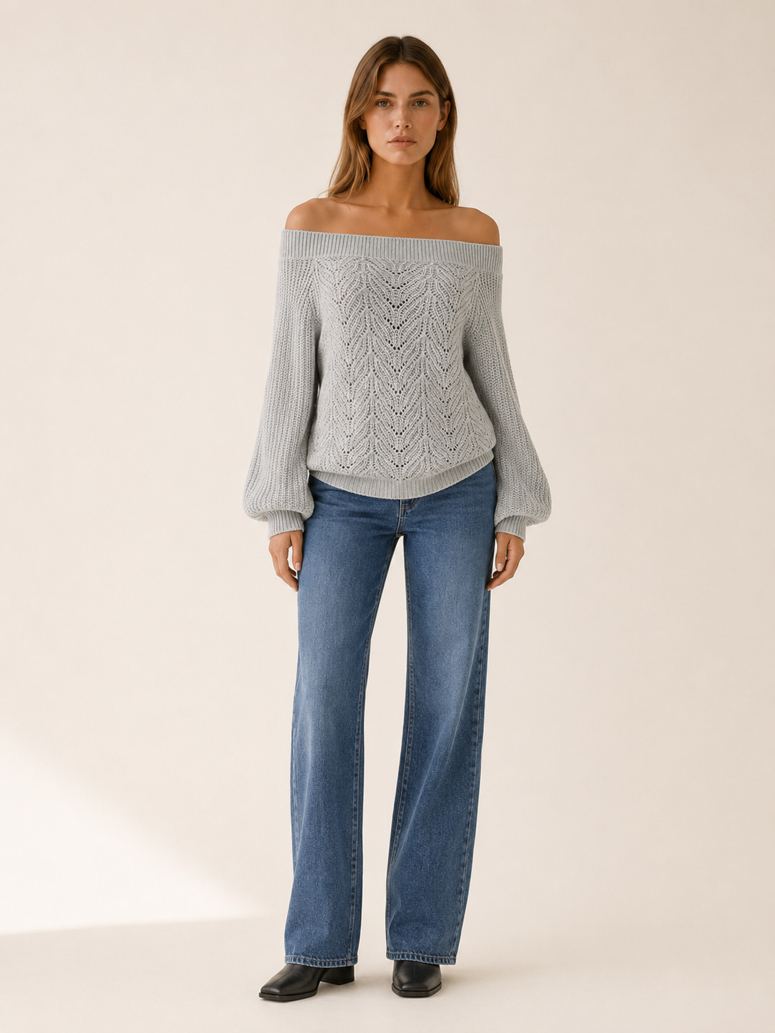 Kessavie | Off Shoulder Knit Top with Openwork Detail