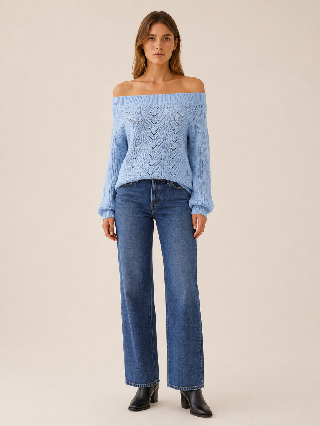 Kessavie | Off Shoulder Knit Top with Openwork Detail