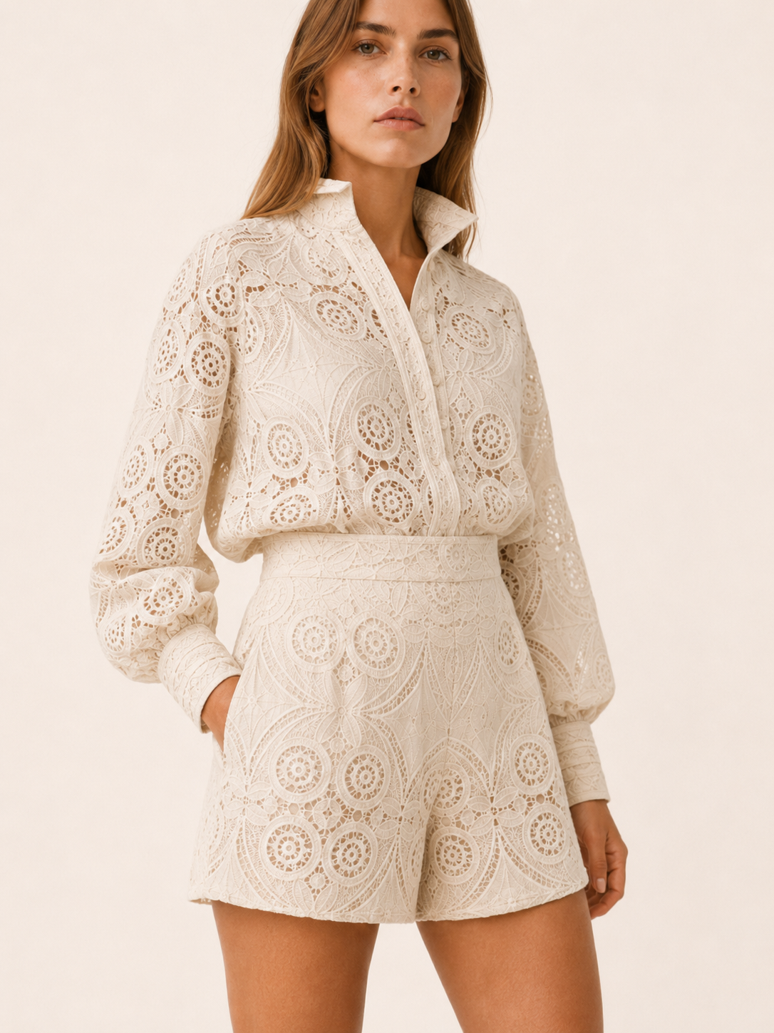Kinsley | Lace Two-Piece Set with Long Sleeve Shirt and Shorts