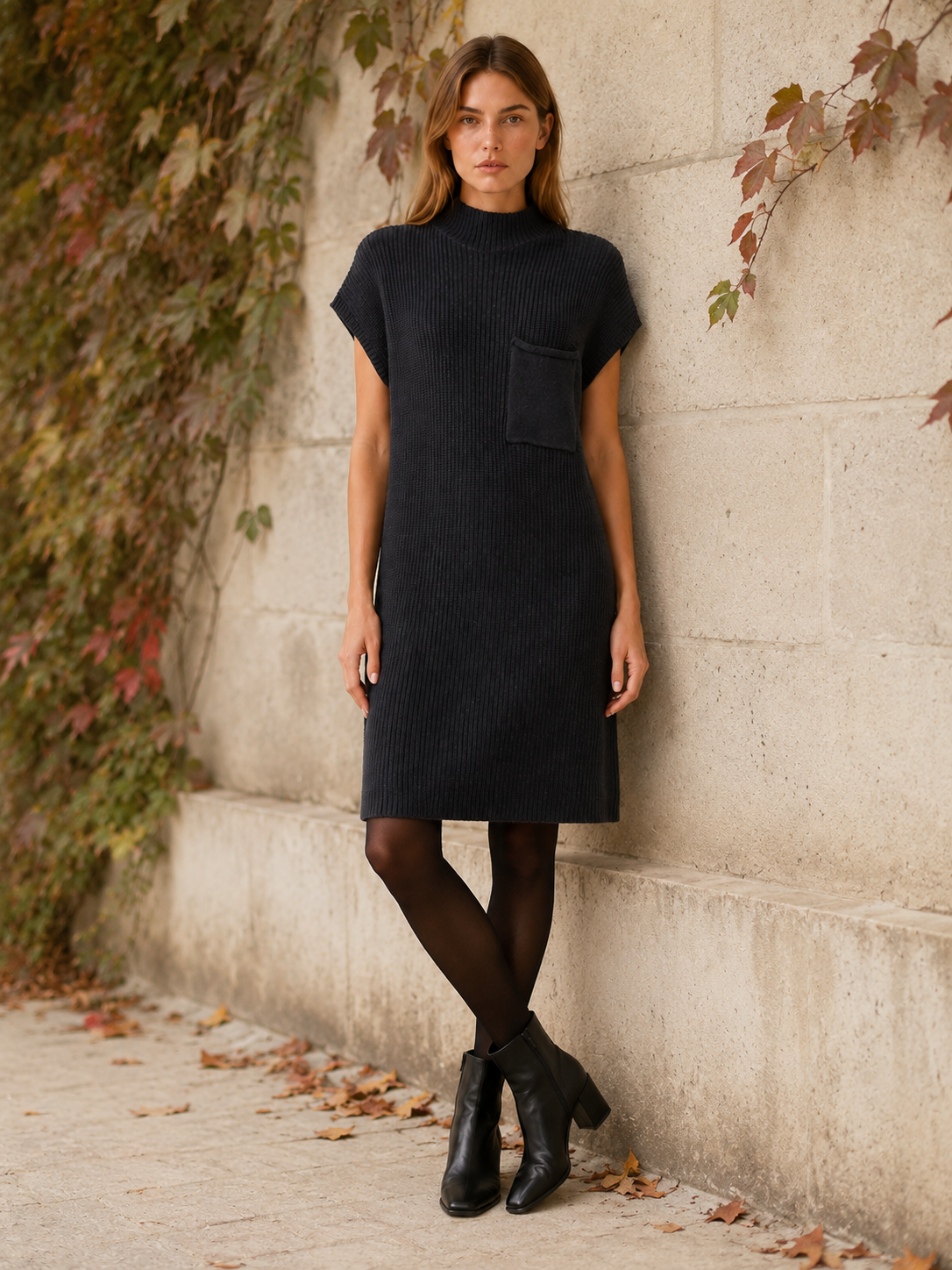 Kyralune | Sweater Dress with Mock Neck and Pocket Detail