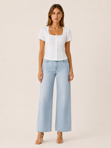 Lara | Square Neck Blouse with Lace Trim and Tie Back