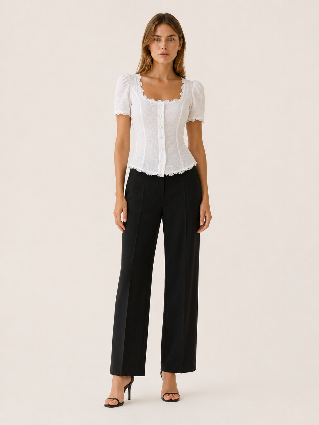 Lara | Square Neck Blouse with Lace Trim and Tie Back