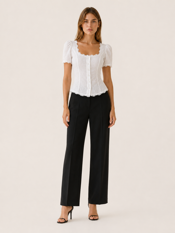 Lara | Square Neck Blouse with Lace Trim and Tie Back