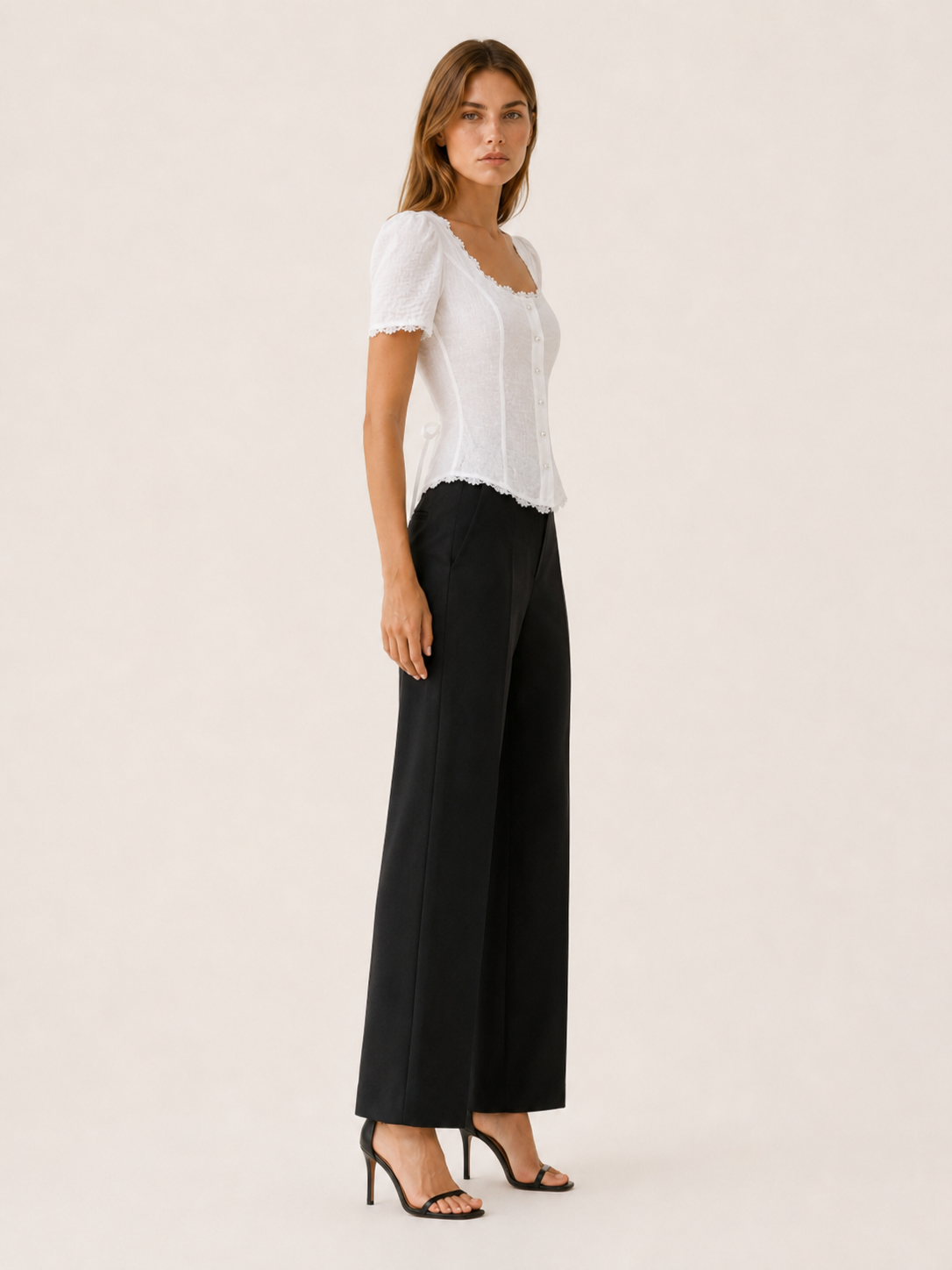 Lara | Square Neck Blouse with Lace Trim and Tie Back