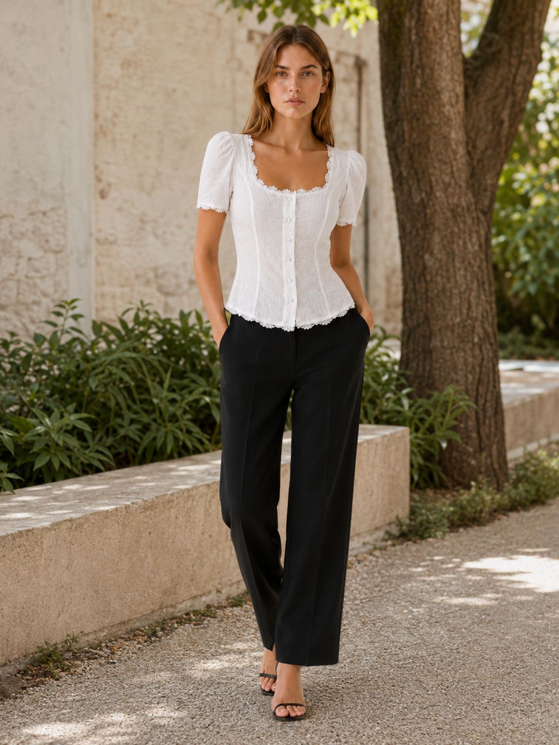 Lara | Square Neck Blouse with Lace Trim and Tie Back