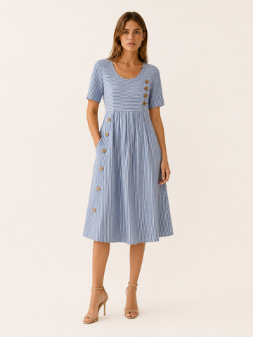 Larissa | Striped Midi Dress with Side Button Detail