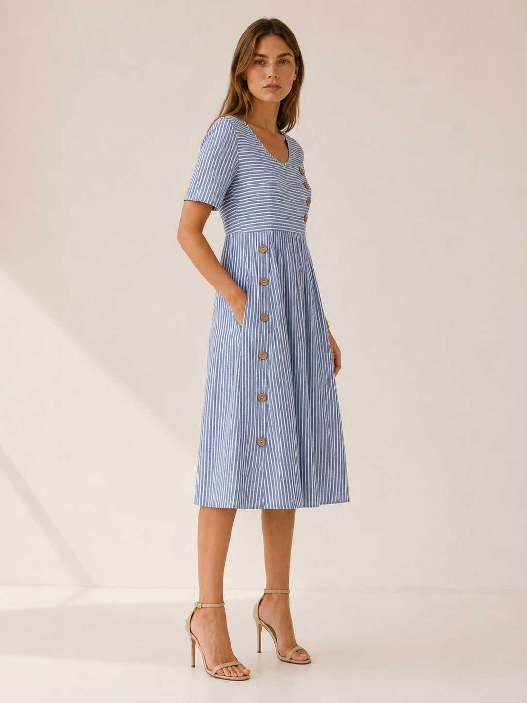 Larissa | Striped Midi Dress with Side Button Detail