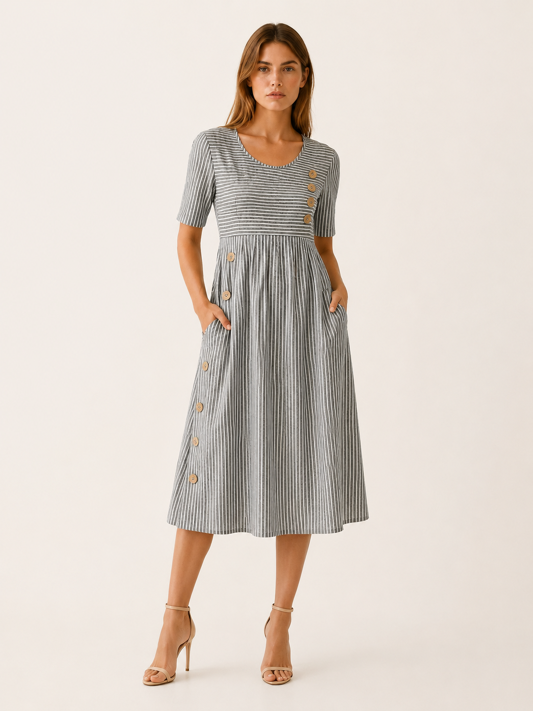 Larissa | Striped Midi Dress with Side Button Detail