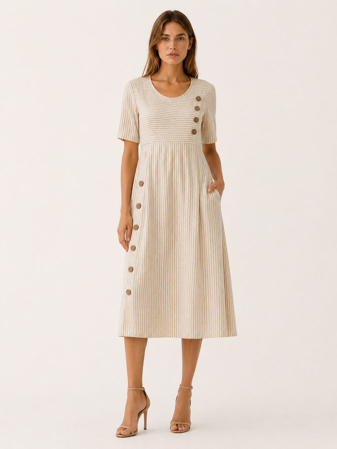 Larissa | Striped Midi Dress with Side Button Detail
