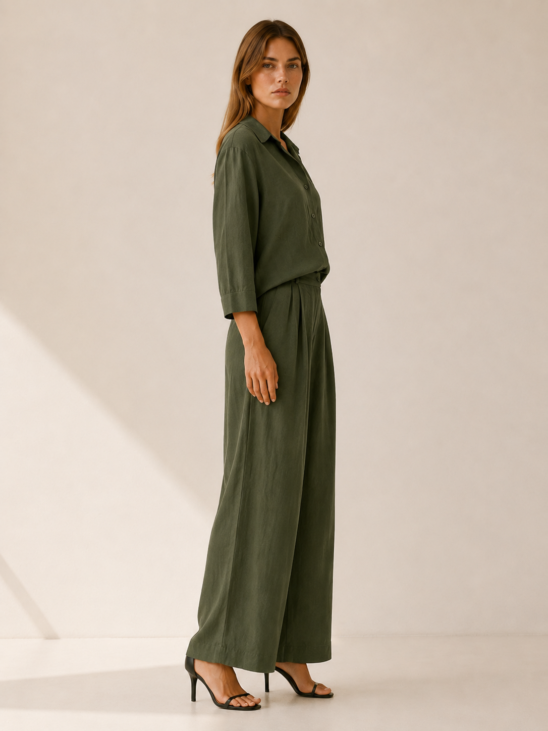 Lennon | Two-Piece Set with Button Shirt Wide Leg Trousers