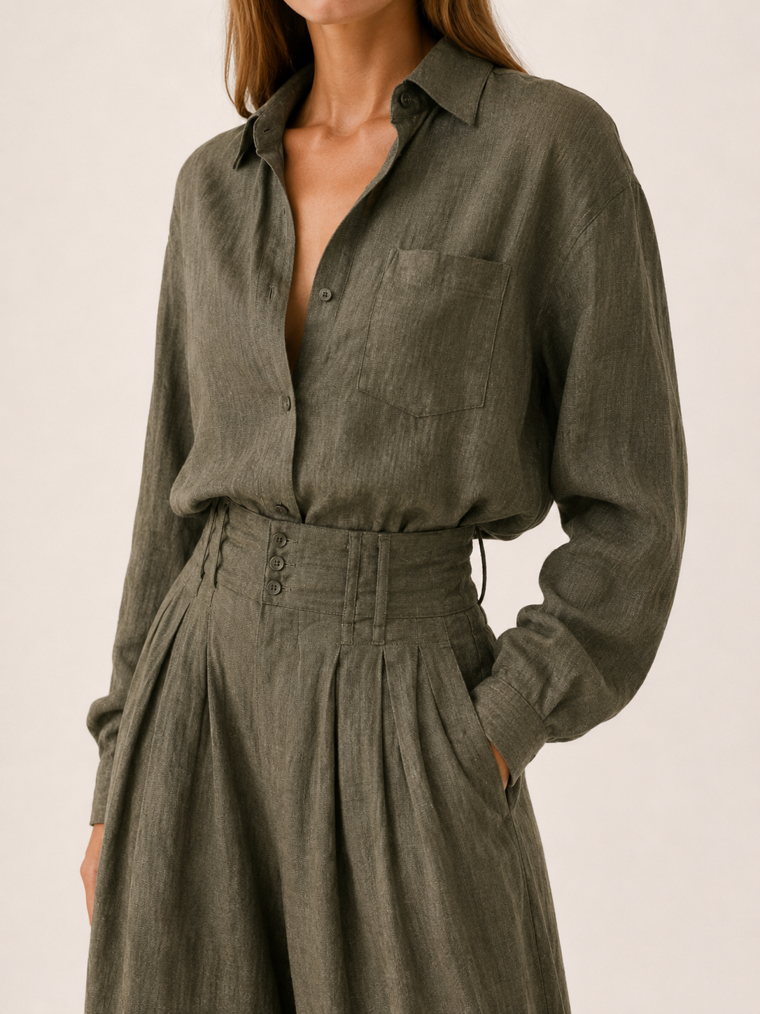 Lennon | Two-Piece Set with Button Shirt Wide Leg Trousers