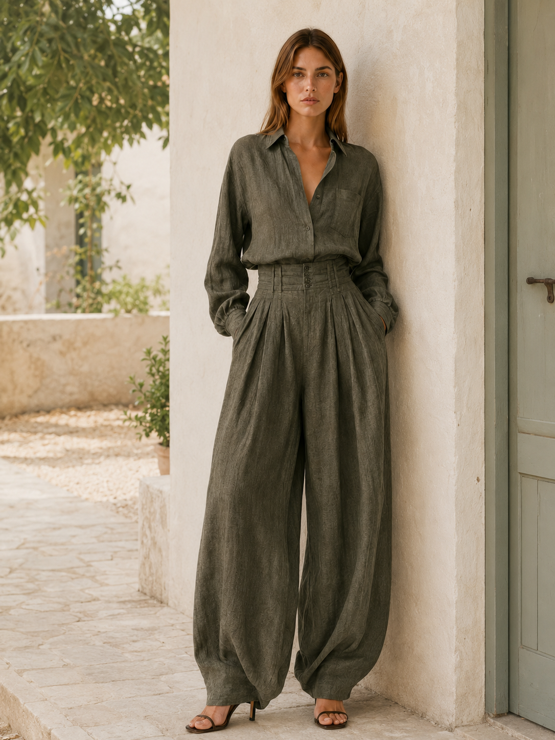 Lennon | Two-Piece Set with Button Shirt Wide Leg Trousers