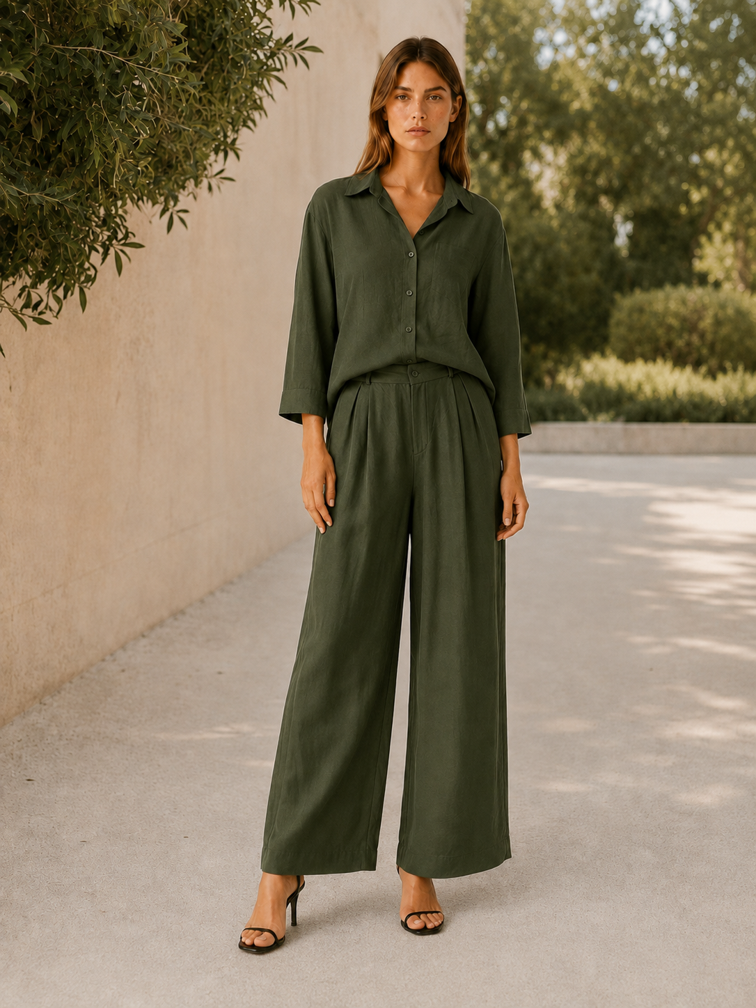 Lennon | Two-Piece Set with Button Shirt Wide Leg Trousers
