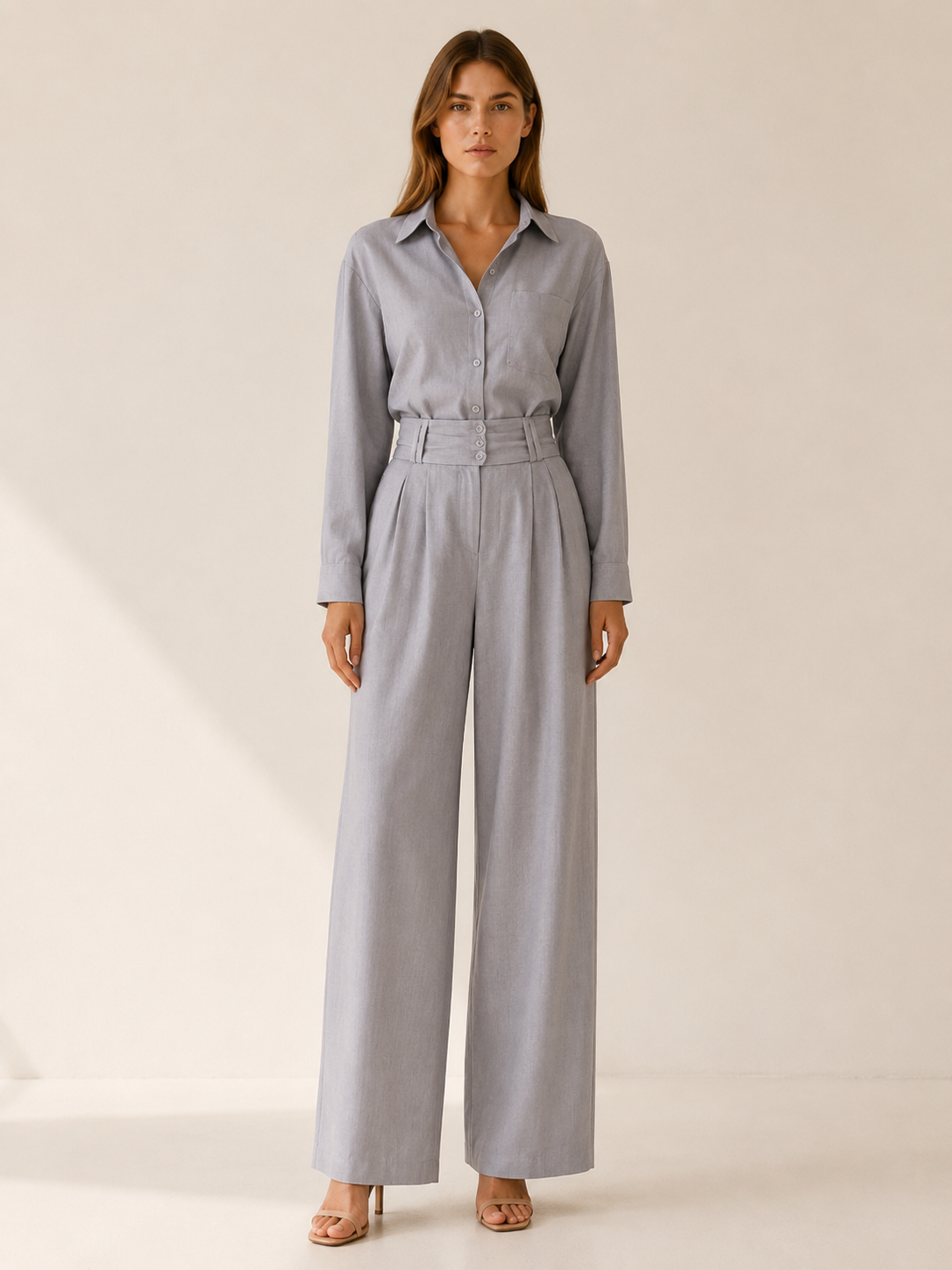 Lennon | Two-Piece Set with Button Shirt Wide Leg Trousers