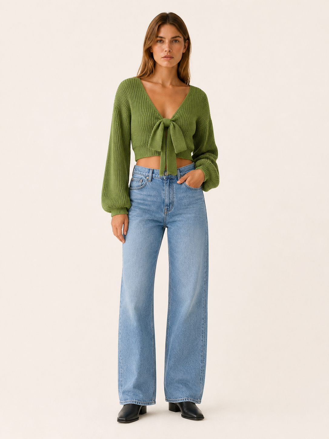 Leocadia | Cropped Jumper with Tie Front and Balloon Sleeves
