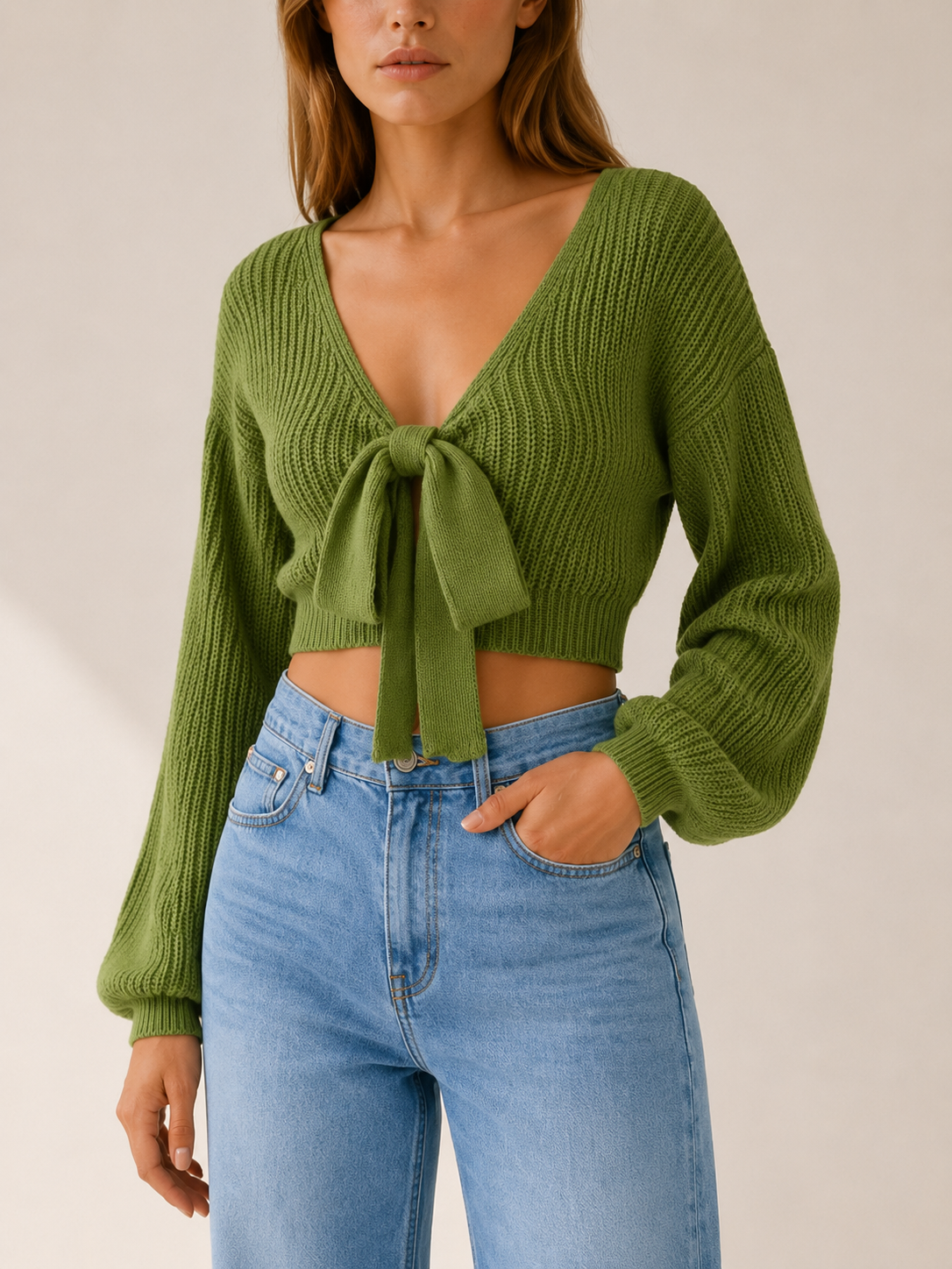 Leocadia | Cropped Jumper with Tie Front and Balloon Sleeves