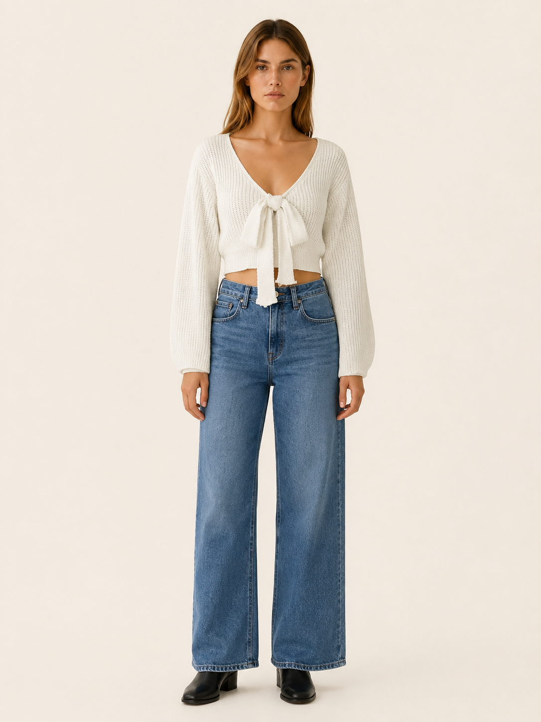 Leocadia | Cropped Jumper with Tie Front and Balloon Sleeves
