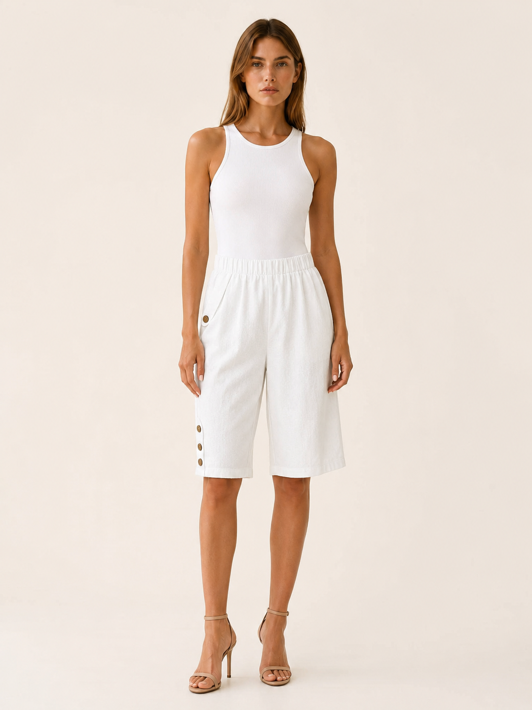 Linden | Cotton-Linen Shorts with Elastic Waist Button Detail
