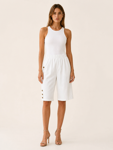 Linden | Cotton-Linen Shorts with Elastic Waist Button Detail