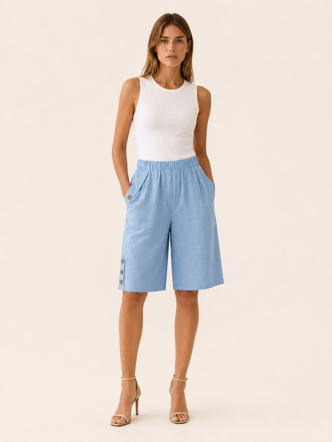 Linden | Cotton-Linen Shorts with Elastic Waist Button Detail