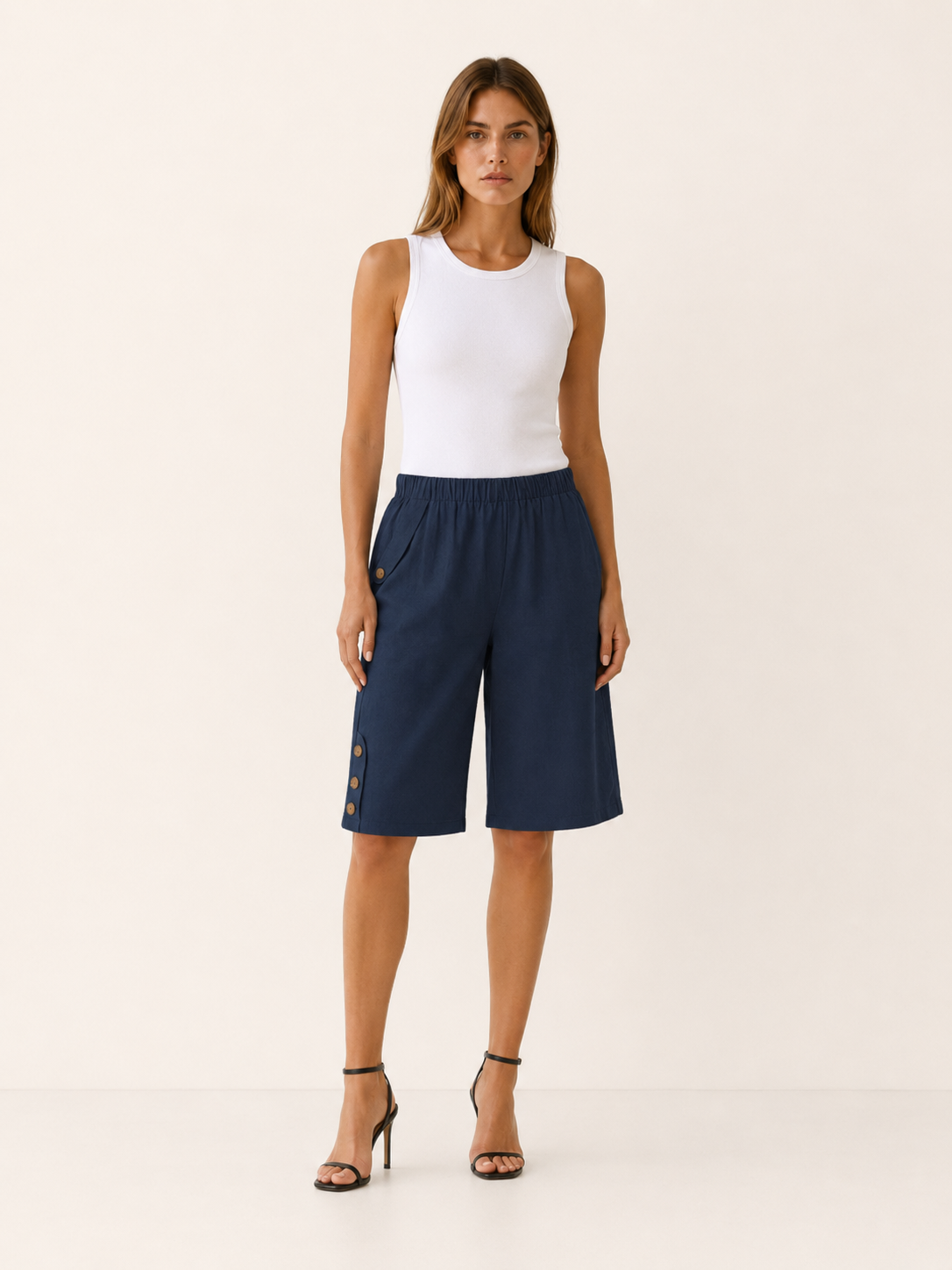 Linden | Cotton-Linen Shorts with Elastic Waist Button Detail