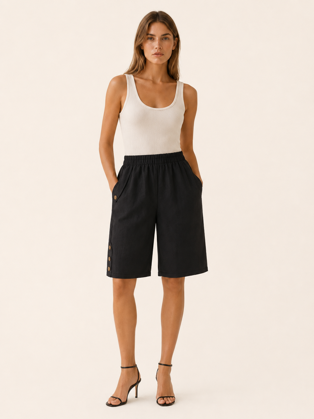 Linden | Cotton-Linen Shorts with Elastic Waist Button Detail