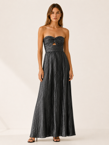 Linnea | Metallic Maxi Dress with Strapless Pleated Design