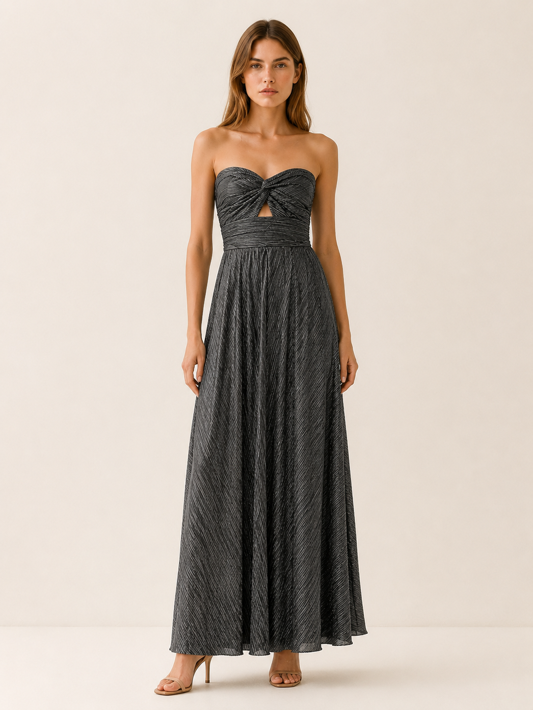 Linnea | Metallic Maxi Dress with Strapless Pleated Design