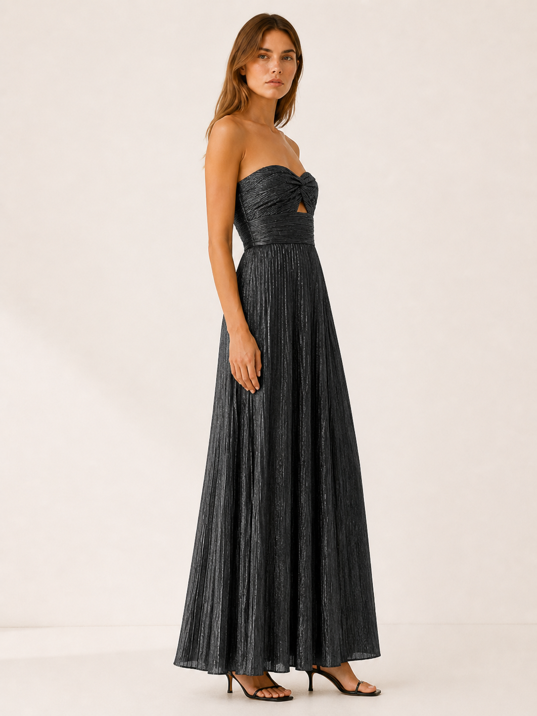 Linnea | Metallic Maxi Dress with Strapless Pleated Design