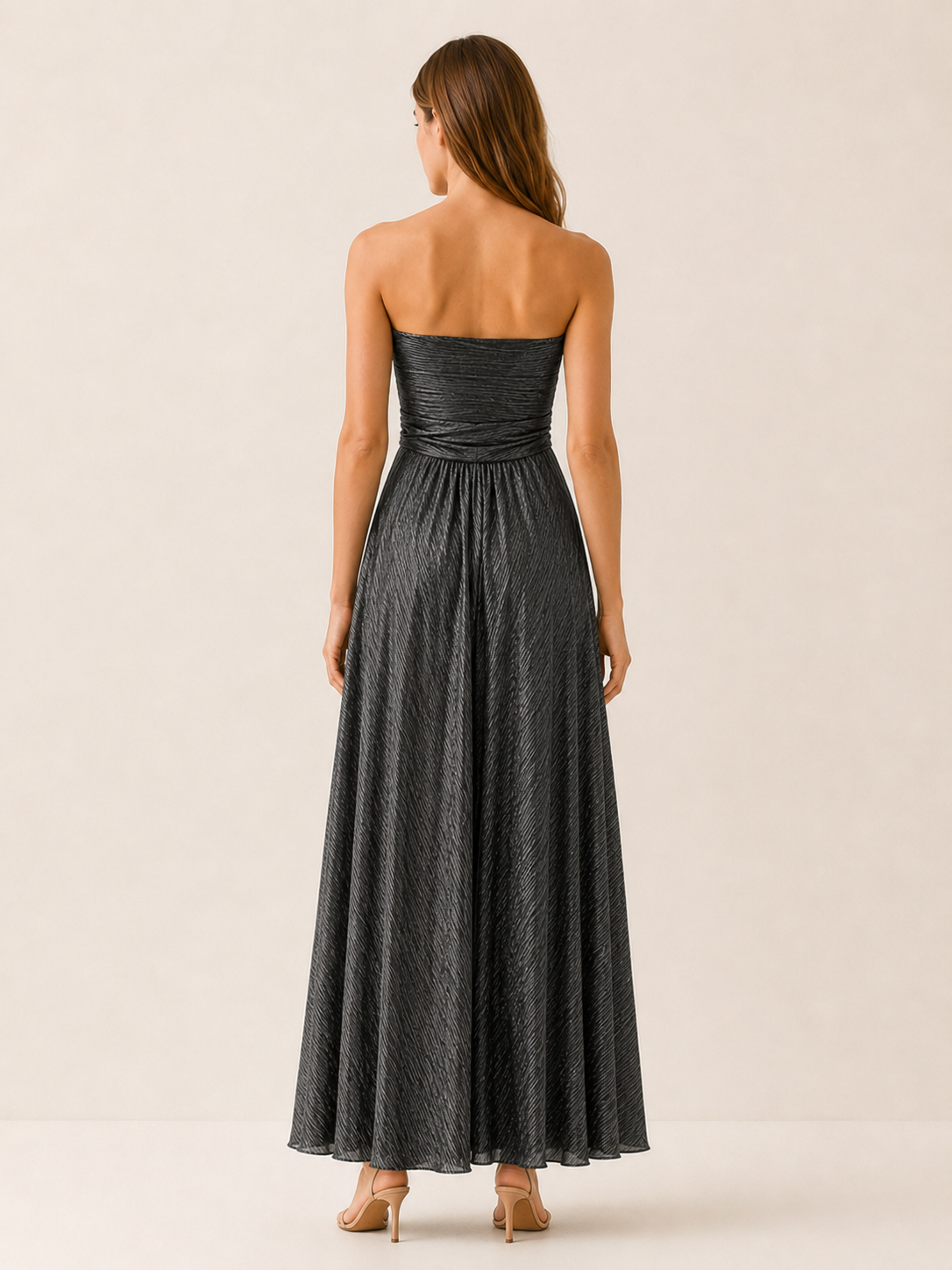 Linnea | Metallic Maxi Dress with Strapless Pleated Design