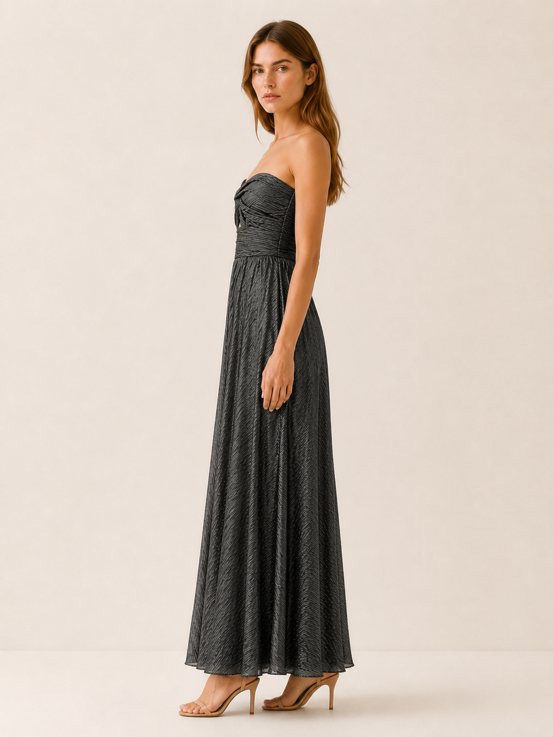 Linnea | Metallic Maxi Dress with Strapless Pleated Design