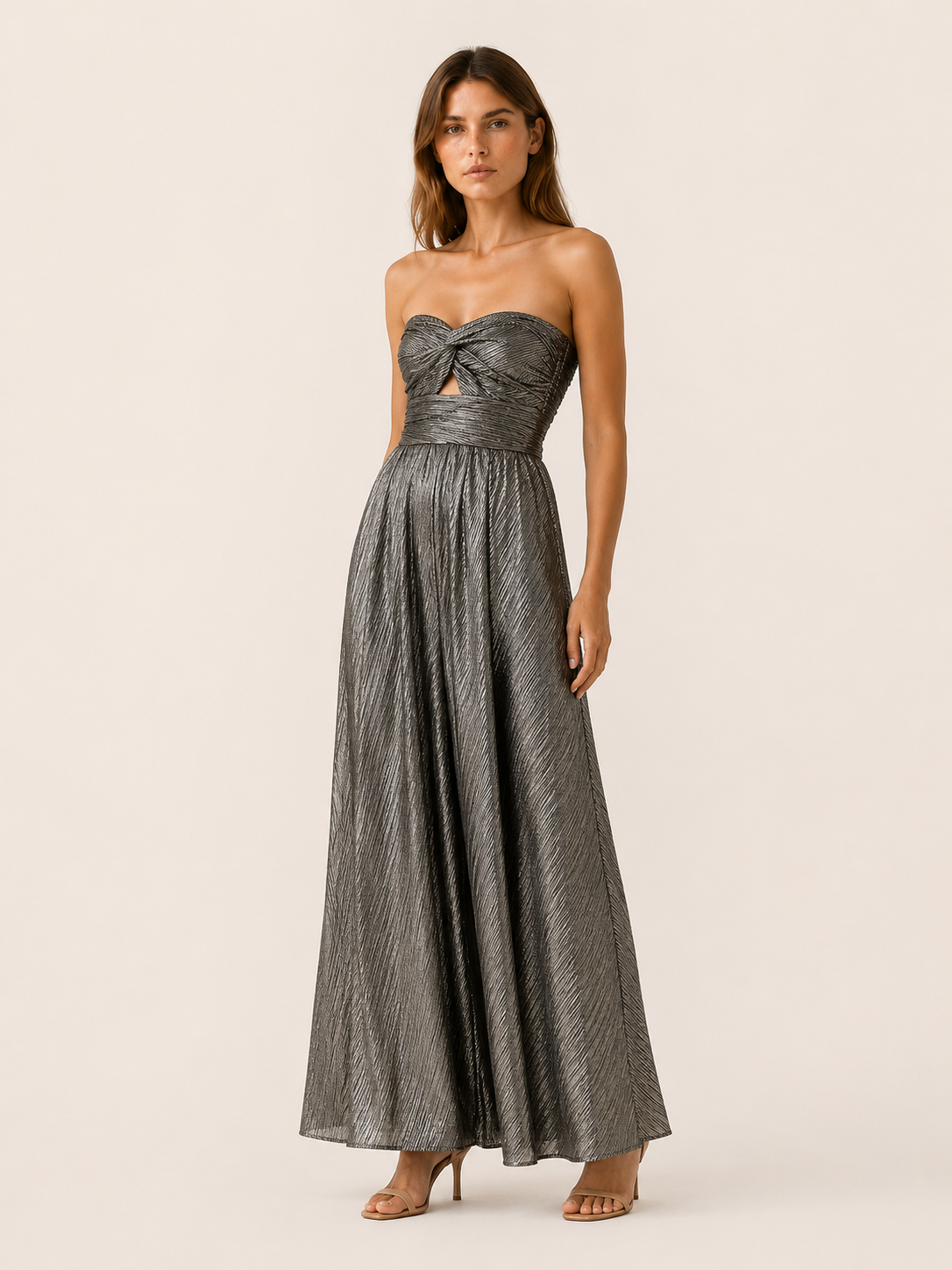 Linnea | Metallic Maxi Dress with Strapless Pleated Design